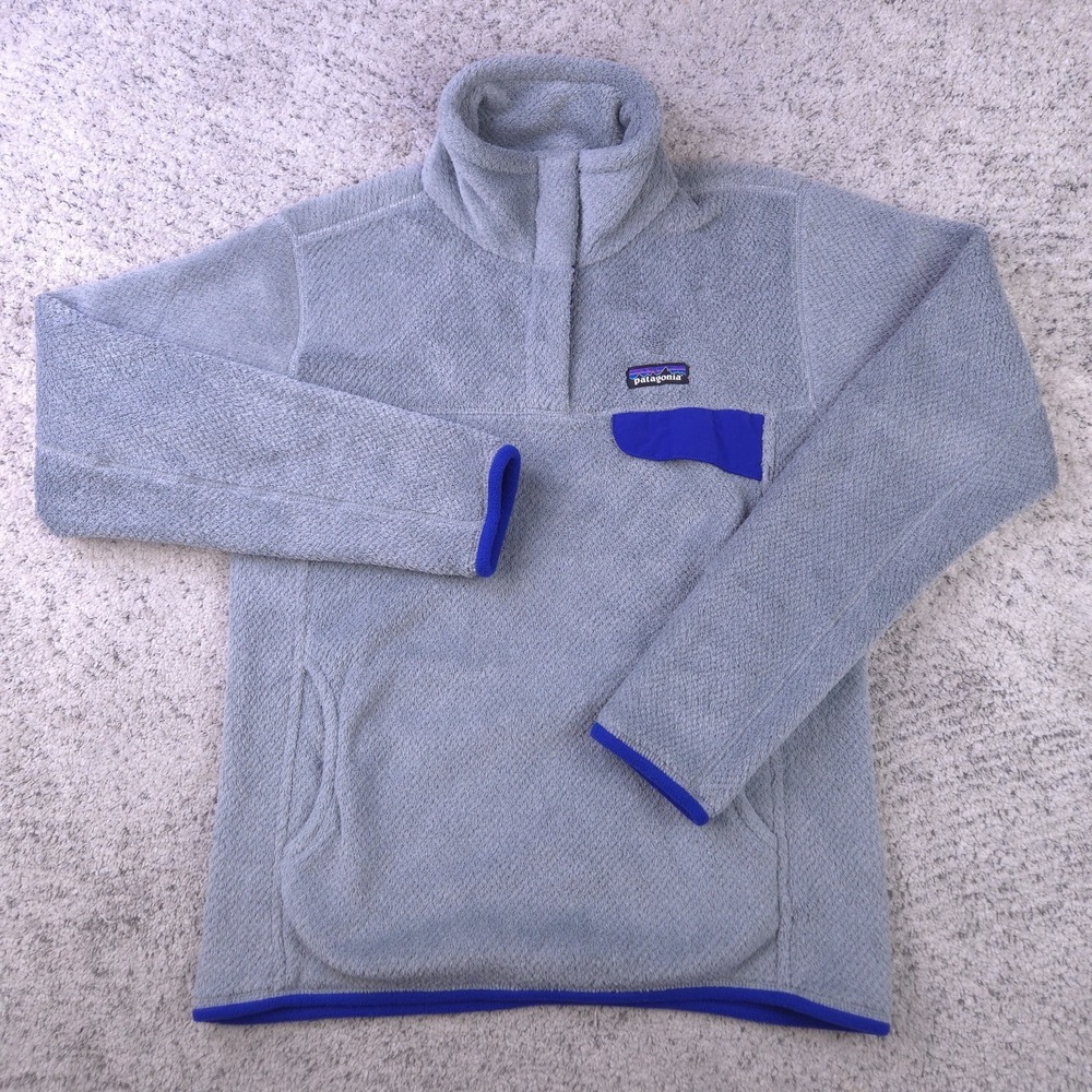 Patagonia Sweater Womens Medium Fleece Pullover Quarter Snap Gray Blue Logo GUC